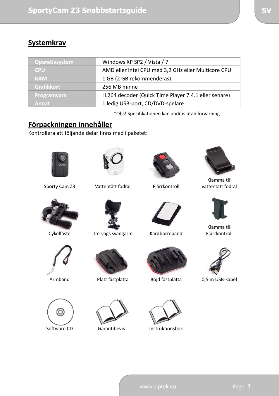 Systemkrav, Förpackningen innehåller | AIPTEK SportyCam Z3 Quick Start Guide User Manual | Page 90 / 114