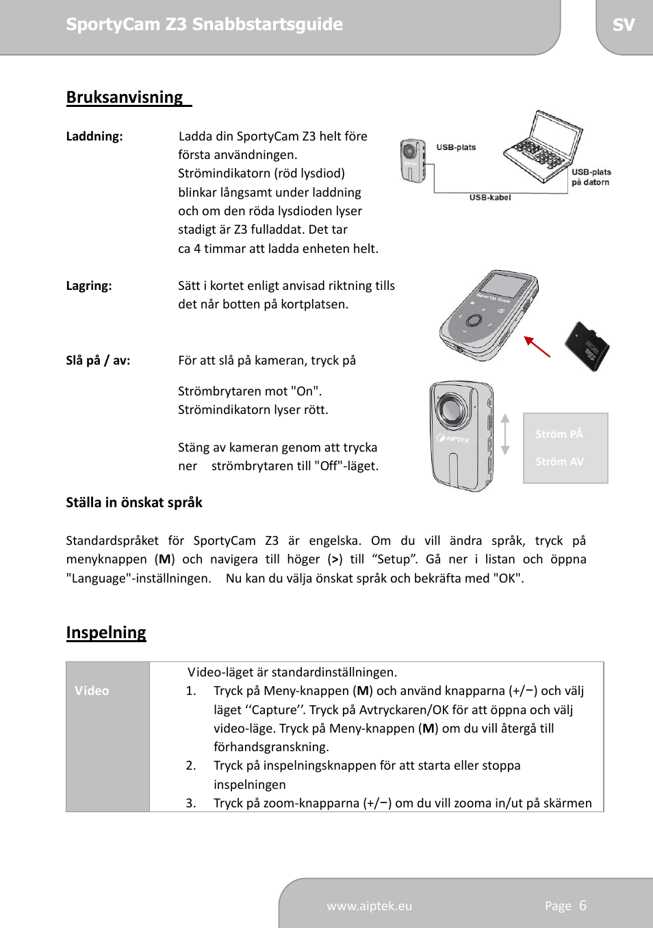 Bruksanvisning, Inspelning | AIPTEK SportyCam Z3 Quick Start Guide User Manual | Page 93 / 114
