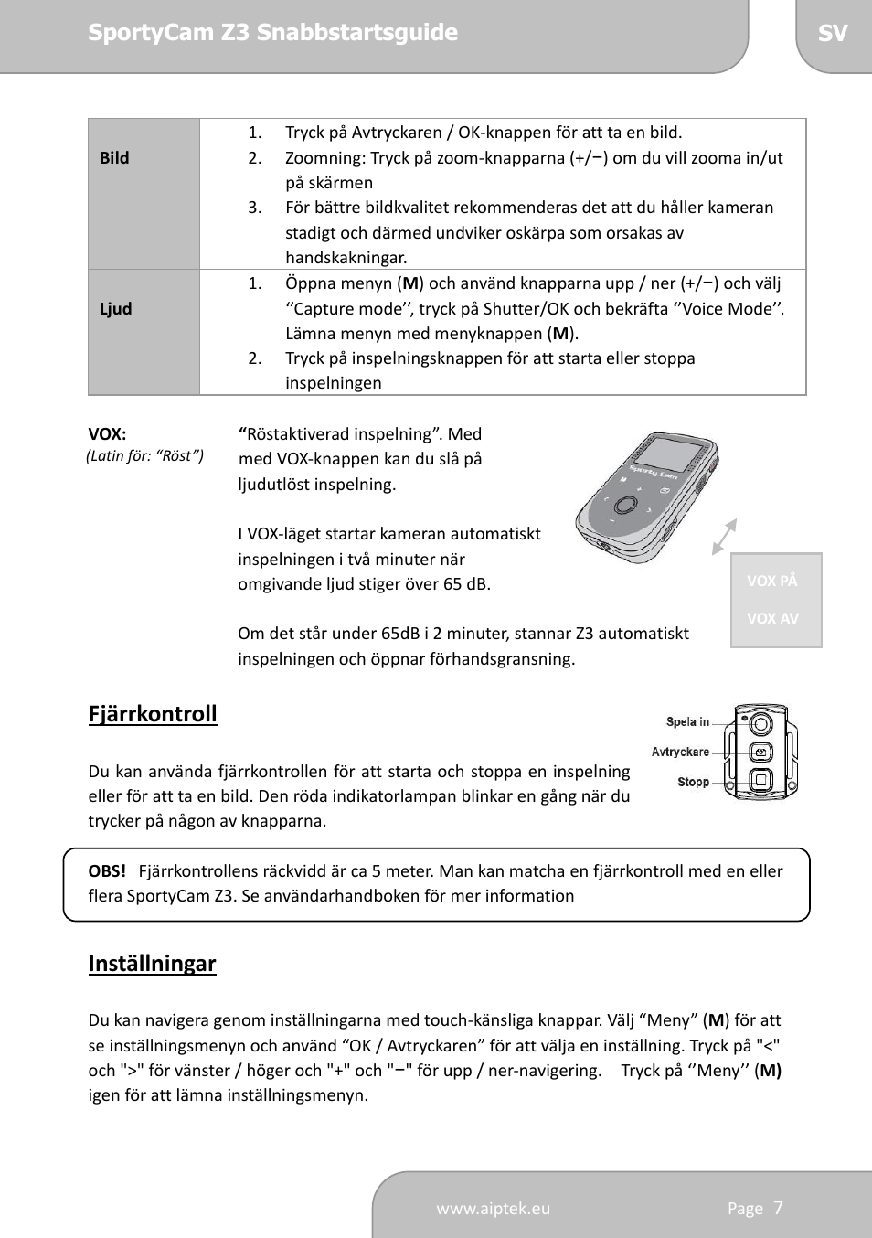 Fjärrkontroll, Inställningar | AIPTEK SportyCam Z3 Quick Start Guide User Manual | Page 94 / 114