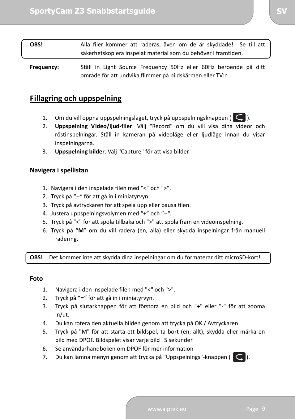 Fillagring och uppspelning | AIPTEK SportyCam Z3 Quick Start Guide User Manual | Page 96 / 114