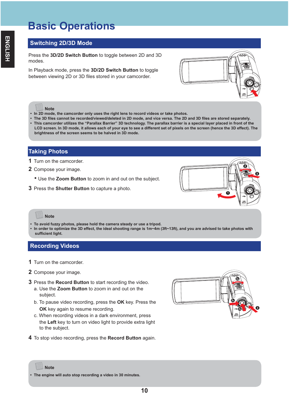 Basic operations, English switching 2d/3d mode, Taking photos 1 | Recording videos 1 | AIPTEK Aiptek3D iH3 User Manual | Page 10 / 64