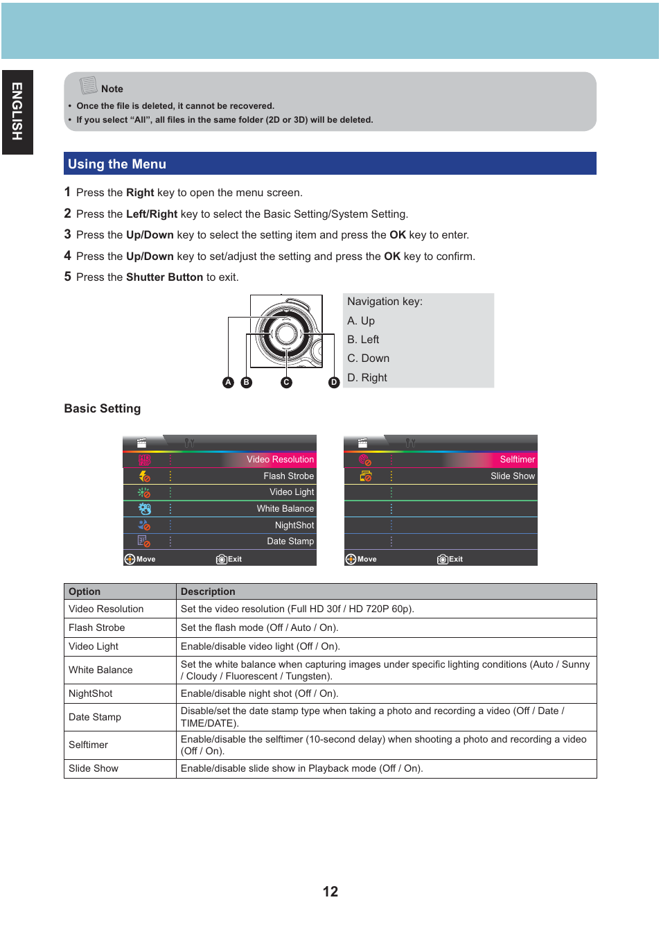 English, Using the menu 1 | AIPTEK Aiptek3D iH3 User Manual | Page 12 / 64
