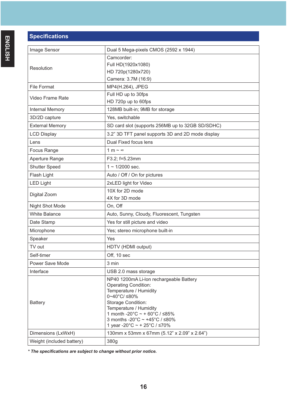 English speciﬁ cations | AIPTEK Aiptek3D iH3 User Manual | Page 16 / 64