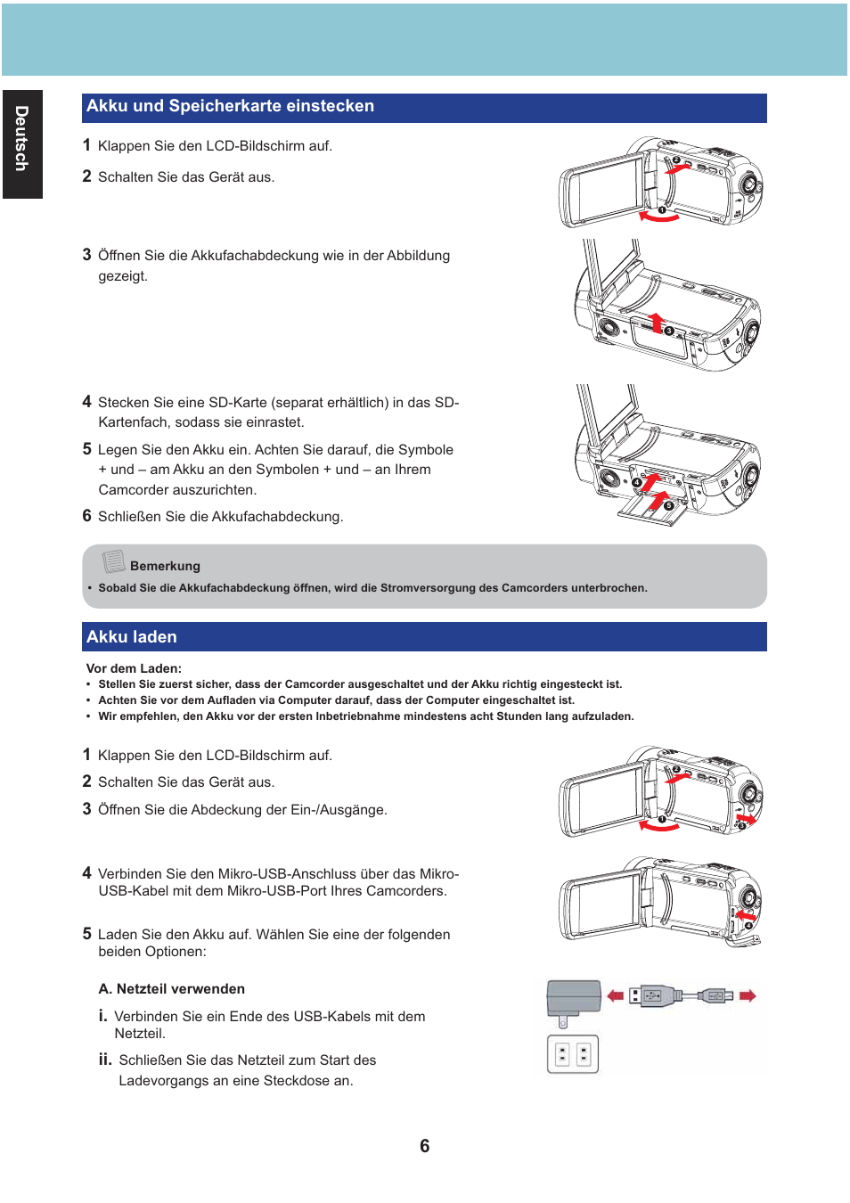 Deutsch akku und speicherkarte einstecken 1, Akku laden | AIPTEK Aiptek3D iH3 User Manual | Page 22 / 64