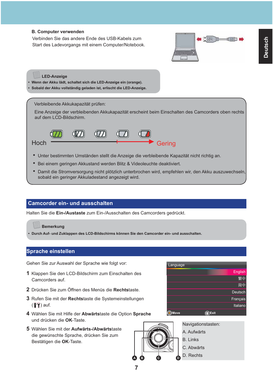 Hoch gering, Deutsch, Camcorder ein- und ausschalten | Sprache einstellen | AIPTEK Aiptek3D iH3 User Manual | Page 23 / 64