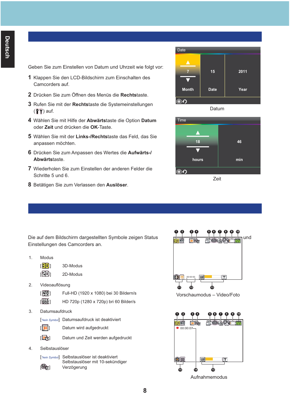 Deutsch, Datum und uhrzeit einstellen, Lcd-bildschirm | AIPTEK Aiptek3D iH3 User Manual | Page 24 / 64