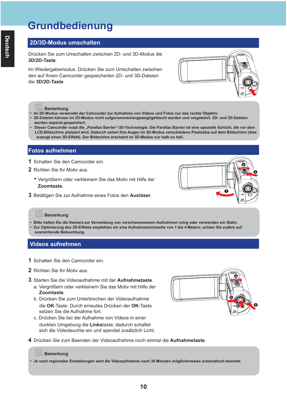 Grundbedienung, Deutsch 2d/3d-modus umschalten, Fotos aufnehmen 1 | Videos aufnehmen 1 | AIPTEK Aiptek3D iH3 User Manual | Page 26 / 64