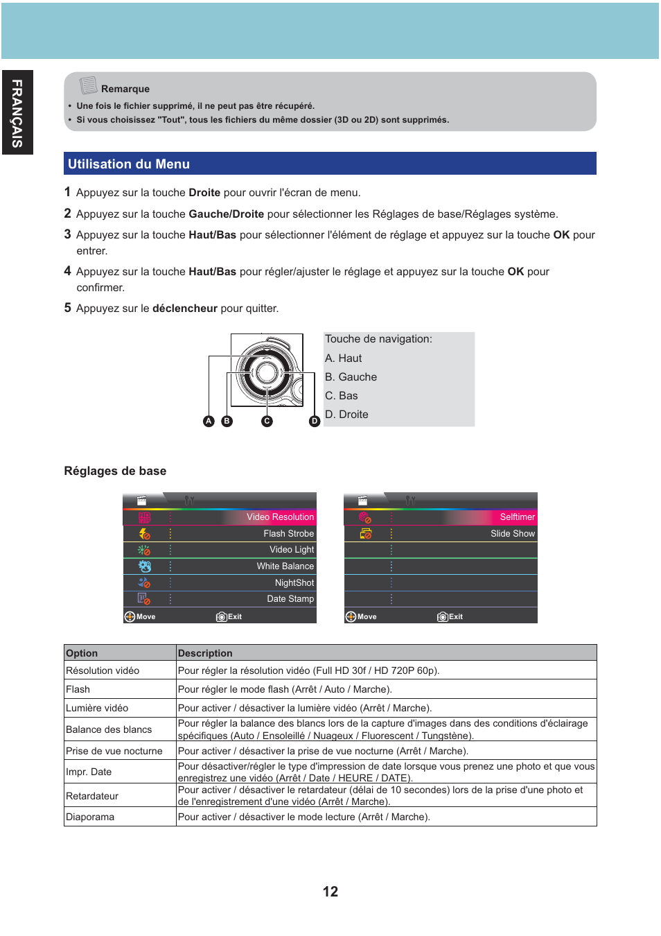 Français, Utilisation du menu 1 | AIPTEK Aiptek3D iH3 User Manual | Page 44 / 64