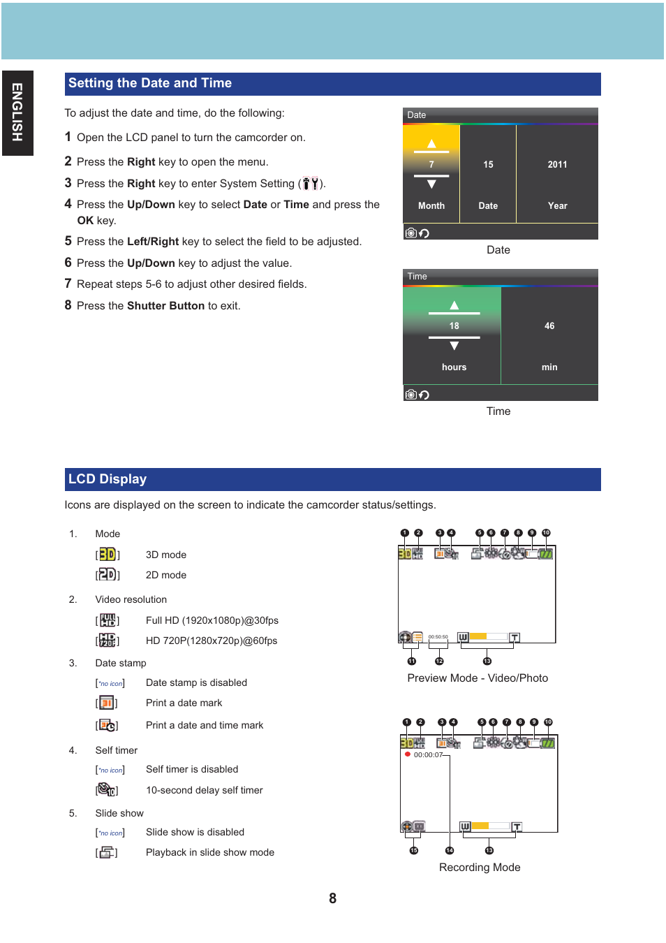 English, Setting the date and time, Lcd display | AIPTEK Aiptek3D iH3 User Manual | Page 8 / 64