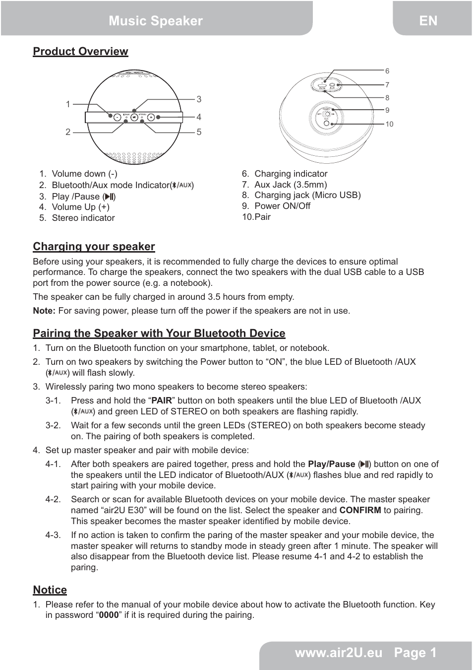 Product overview, Charging your speaker, Pairing the speaker with your bluetooth device | Notice | AIPTEK E30 User Manual | Page 2 / 18