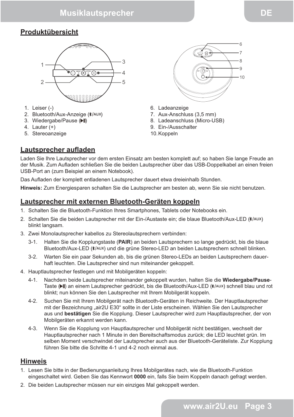 Produktübersicht, Lautsprecher aufladen, Hinweis | AIPTEK E30 User Manual | Page 4 / 18
