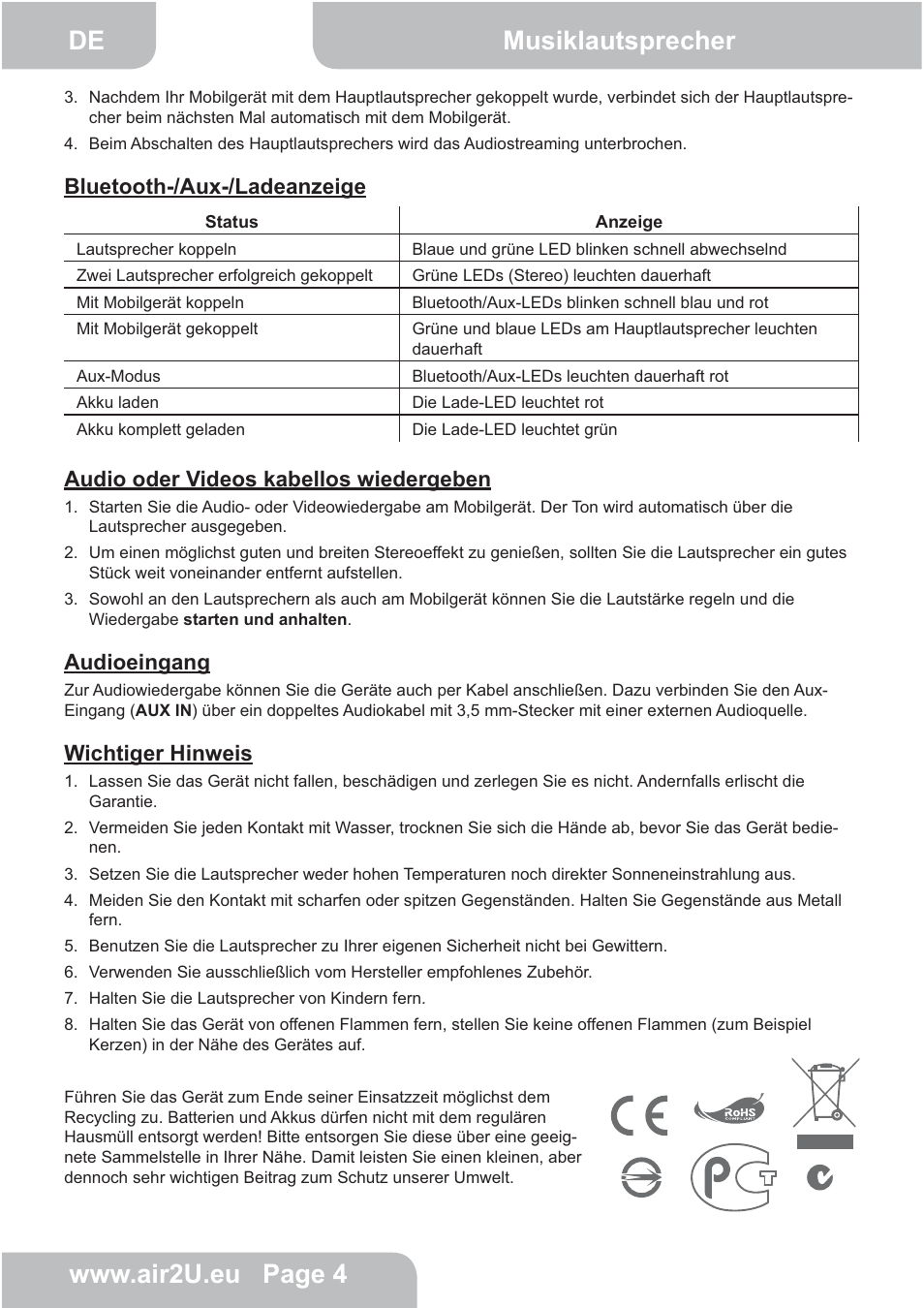 Bluetooth-/aux-/ladeanzeige, Audio oder videos kabellos wiedergeben, Audioeingang | Wichtiger hinweis | AIPTEK E30 User Manual | Page 5 / 18