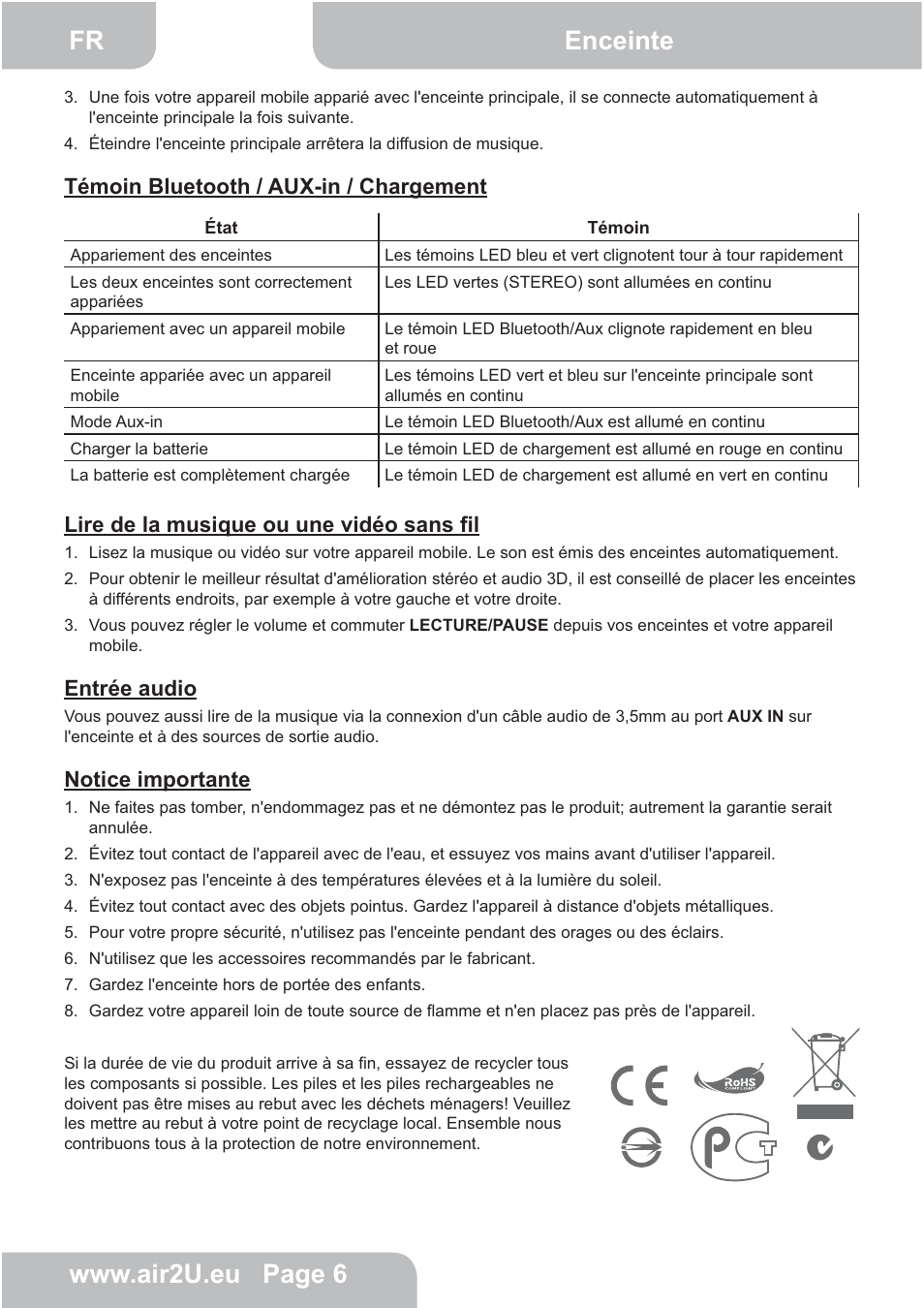 Témoin bluetooth / aux-in / chargement, Lire de la musique ou une vidéo sans fil, Entrée audio | Notice importante | AIPTEK E30 User Manual | Page 7 / 18