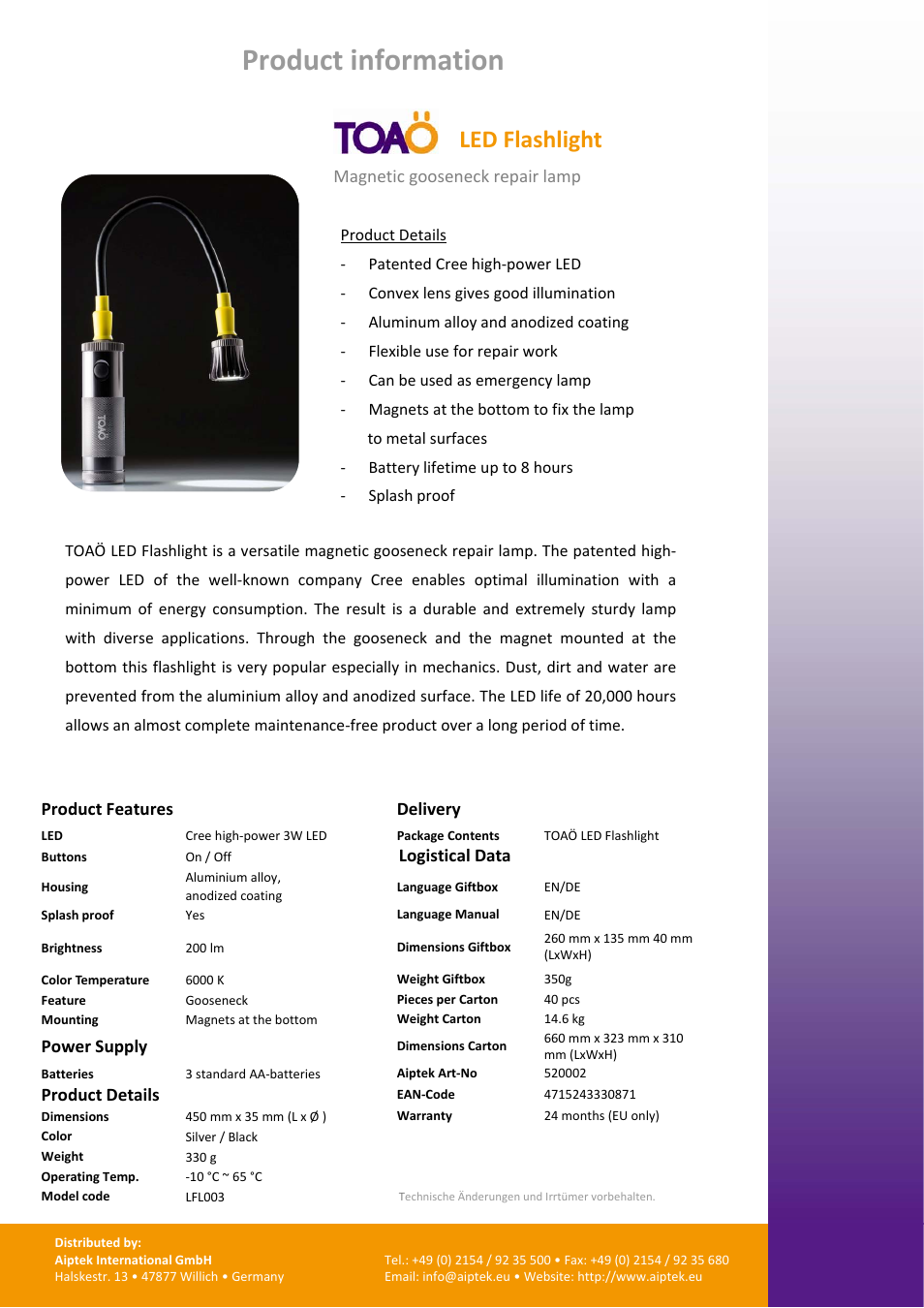 AIPTEK TOAÖ LED Flashlight User Manual | 1 page