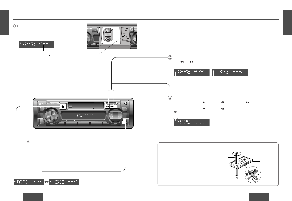 Cassette tape player, Play side change, Wrewind and fast forward | Tape insert (loading a cassette), Qstop and eject, Display change, Tape slack | Panasonic CQ-RG133W User Manual | Page 6 / 23