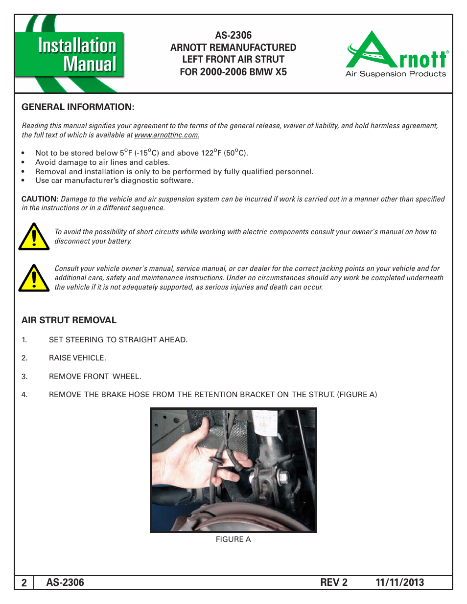 Arnott remanufactured left front air strut for, Bmw x | Air Suspension AS-2306 REV 2 User Manual | Page 2 / 4