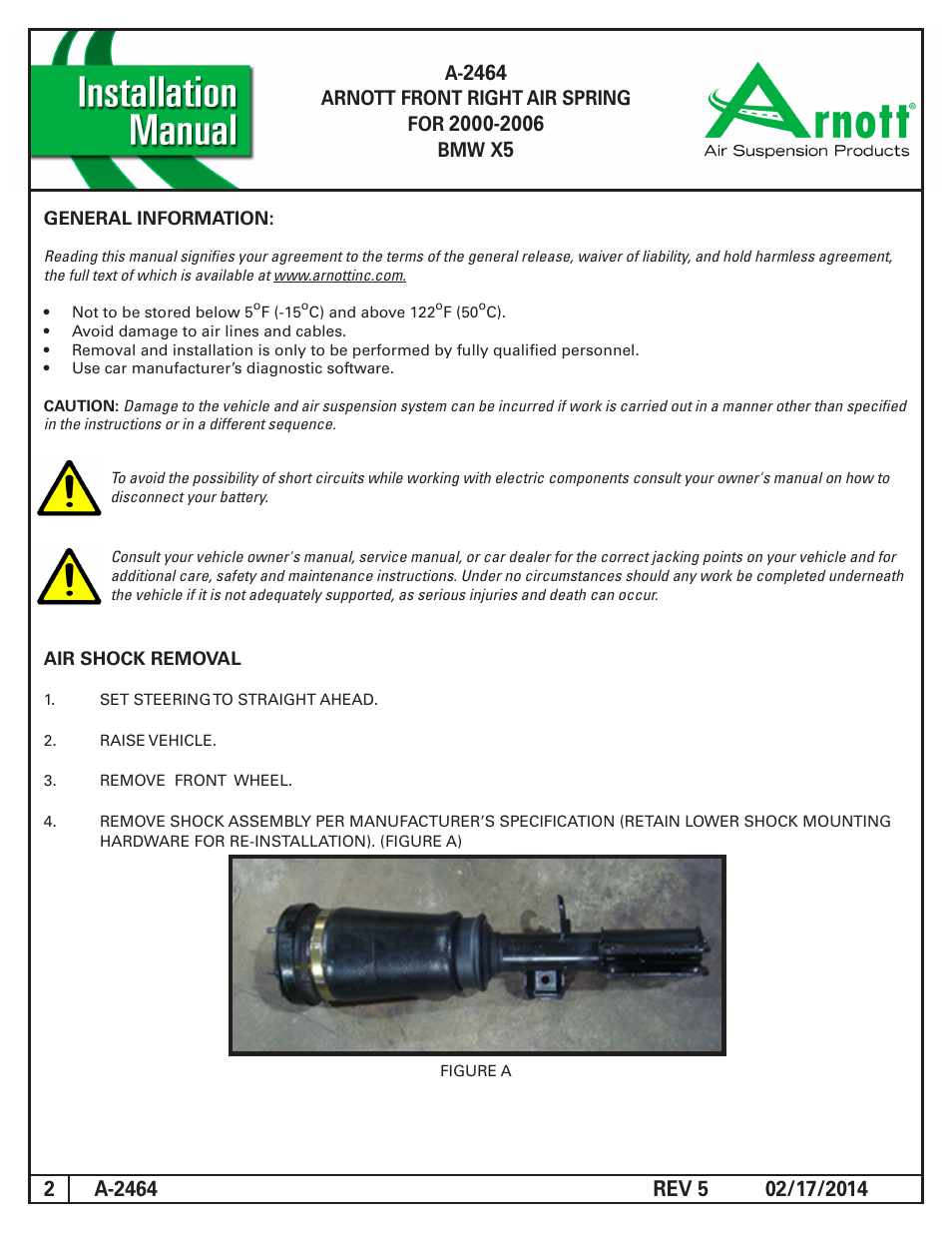 Arnott front right air spring for, Bmw x | Air Suspension A-2464 REV 5 User Manual | Page 2 / 5