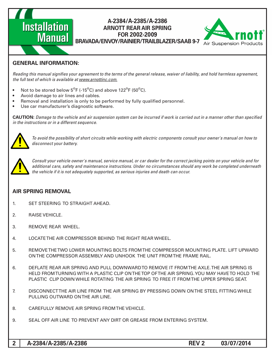 Arnott rear air spring for, Bravada/envoy/rainier/trailblazer/saab 9-7 | Air Suspension A-2386 User Manual | Page 2 / 3