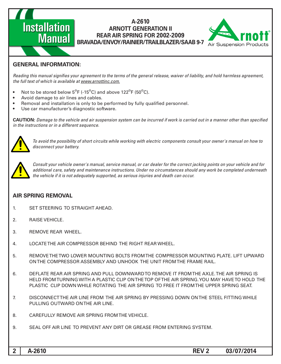 Arnott generation ii rear air spring for, Bravada/envoy/rainier/trailblazer/saab 9-7 | Air Suspension A-2610 REV 2 User Manual | Page 2 / 3