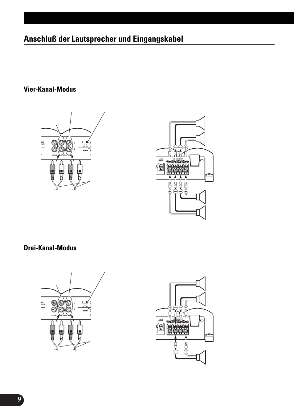 Anschluß der lautsprecher und, Eingangskabel, Anschluß der einheit | Anschluß der lautsprecher und eingangskabel, Vier-kanal-modus drei-kanal-modus | Pioneer PRS-X340 User Manual | Page 38 / 88