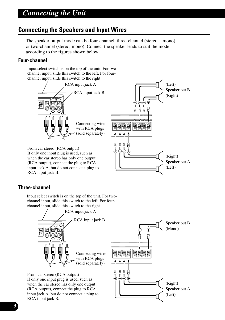 Connecting the speakers and input wires, Connecting the unit, Four-channel three-channel | Pioneer PRS-D400 User Manual | Page 10 / 99