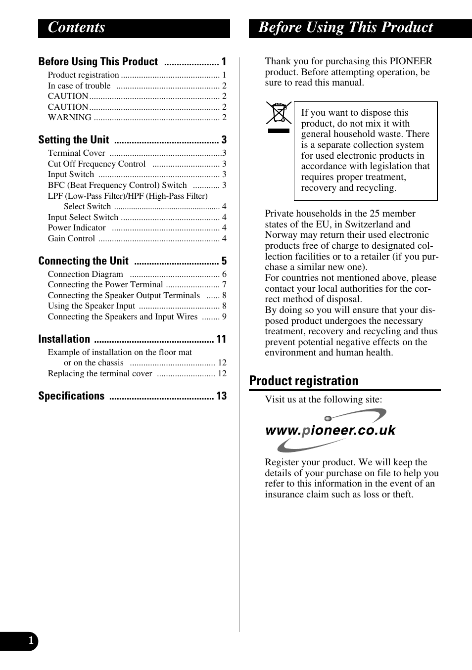 English, Contents before using this product, Product registration | Pioneer PRS-D400 User Manual | Page 2 / 99