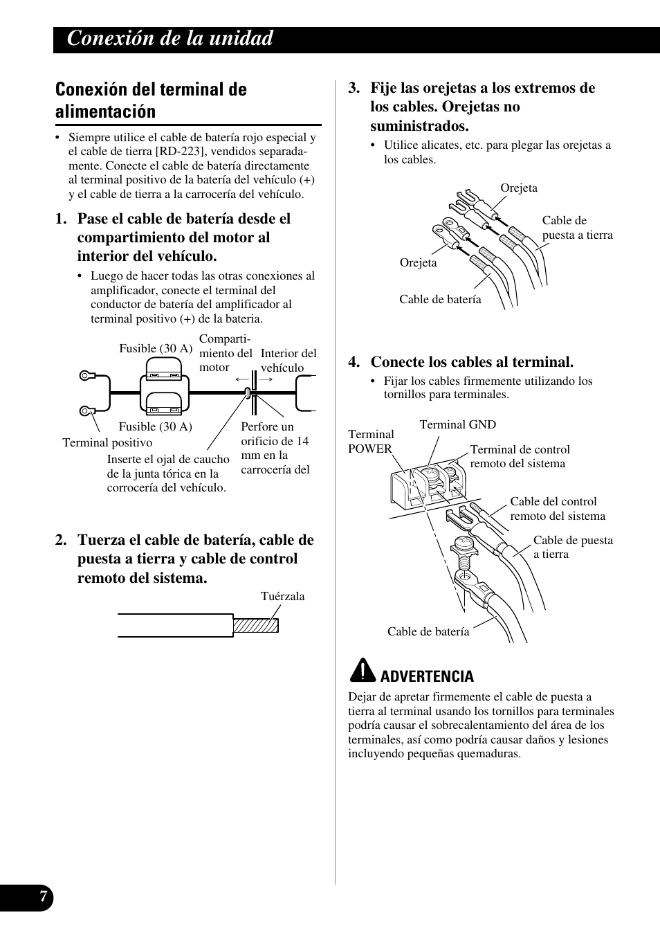 Conexión del terminal de alimentación, Conexión de la unidad | Pioneer PRS-D400 User Manual | Page 22 / 99