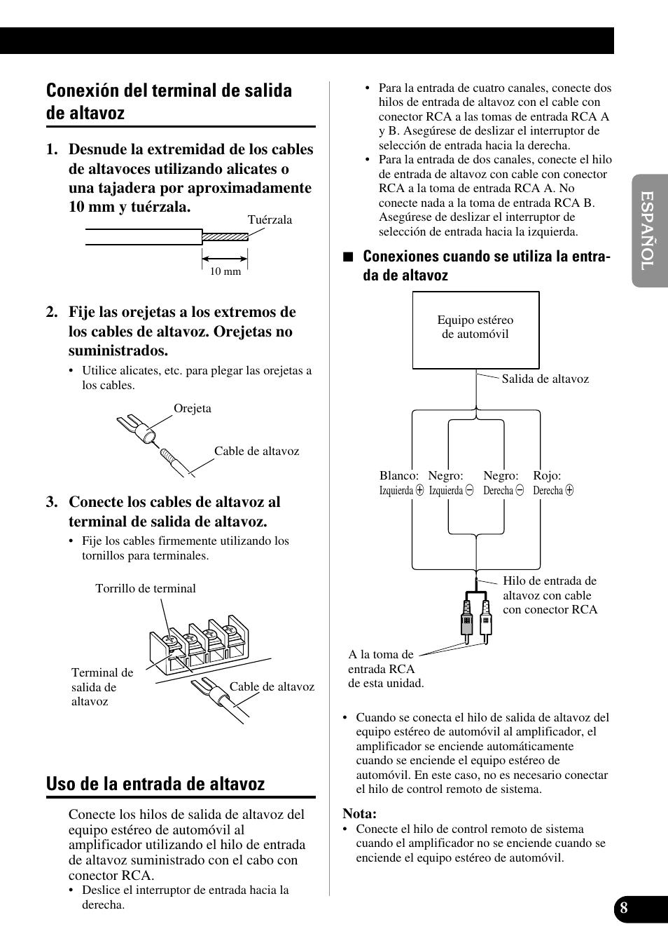 Conexión del terminal de salida de altavoz, Uso de la entrada de altavoz | Pioneer PRS-D400 User Manual | Page 23 / 99