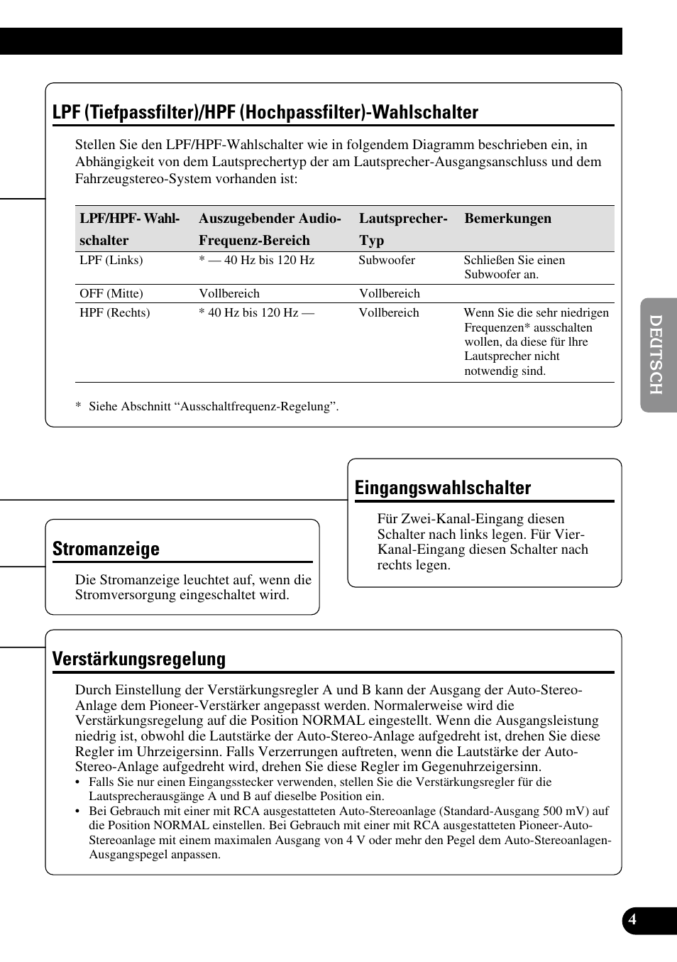 Lpf (tiefpassfilter)/hpf (hochpassfilter), Wahlschalter, Verstärkungsregelung | Stromanzeige, Eingangswahlschalter | Pioneer PRS-D400 User Manual | Page 33 / 99