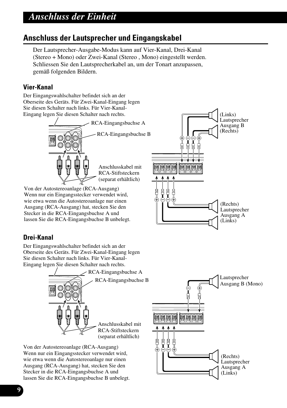 Anschluss der lautsprecher und, Eingangskabel, Anschluss der einheit | Anschluss der lautsprecher und eingangskabel, Vier-kanal drei-kanal | Pioneer PRS-D400 User Manual | Page 38 / 99