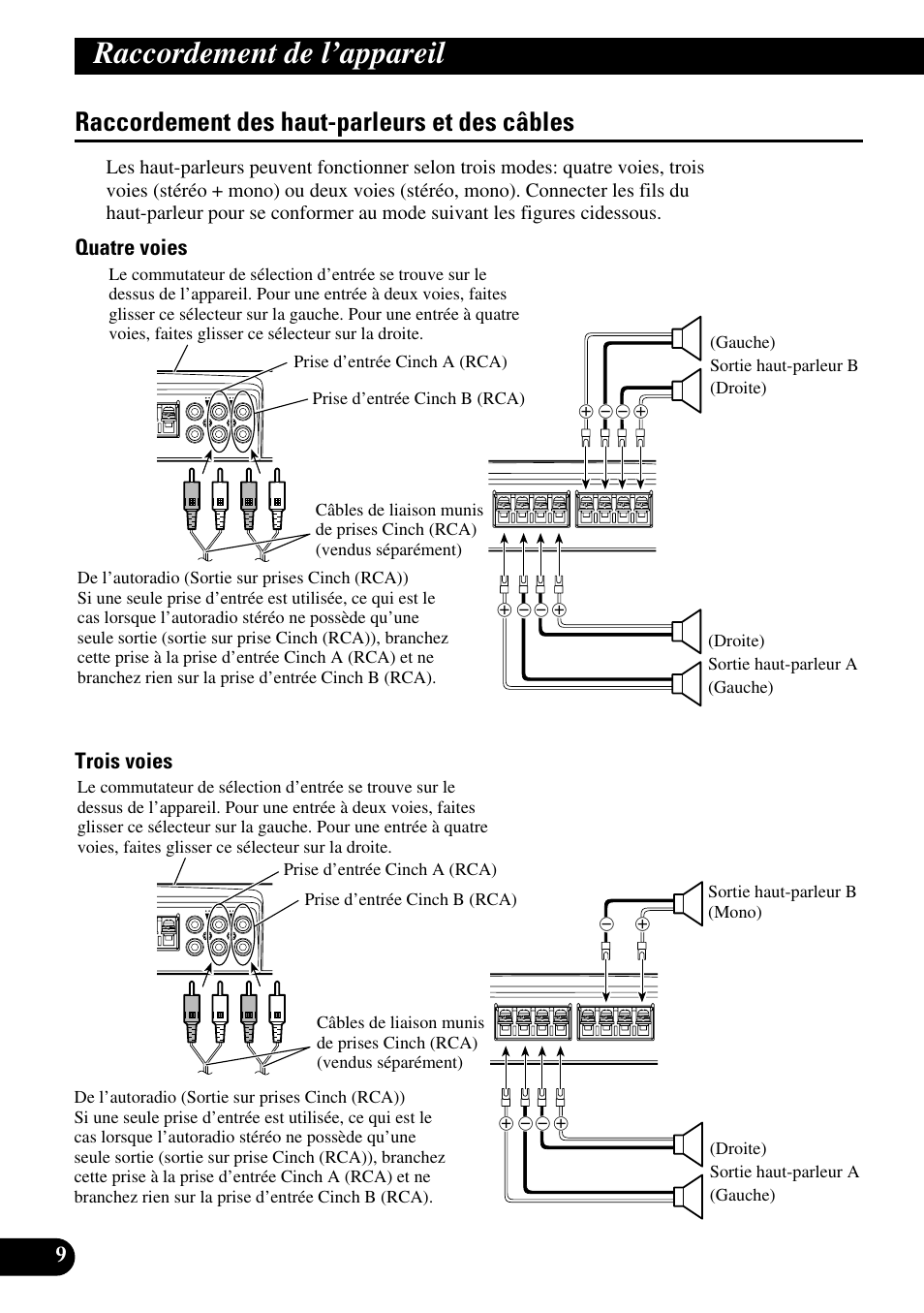 Raccordement des haut-parleurs et des, Câbles, Raccordement de l’appareil | Raccordement des haut-parleurs et des câbles, Quatre voies trois voies | Pioneer PRS-D400 User Manual | Page 52 / 99