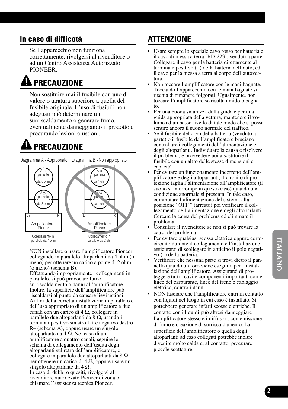 Precauzione, Attenzione | Pioneer PRS-D400 User Manual | Page 59 / 99