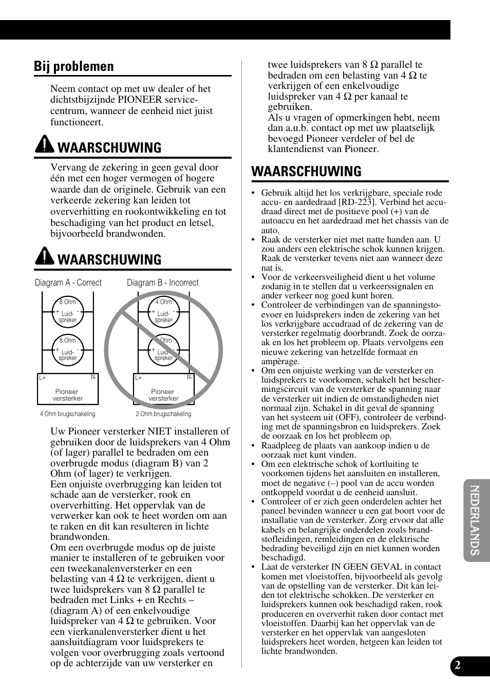 Bij problemen, Waarschuwing, Waarscfhuwing | Pioneer PRS-D400 User Manual | Page 73 / 99