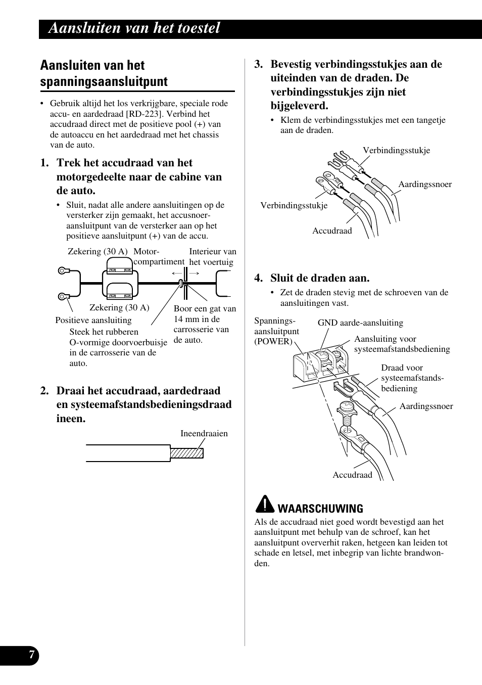 Aansluiten van het spanningsaansluitpunt, Aansluiten van het toestel | Pioneer PRS-D400 User Manual | Page 78 / 99