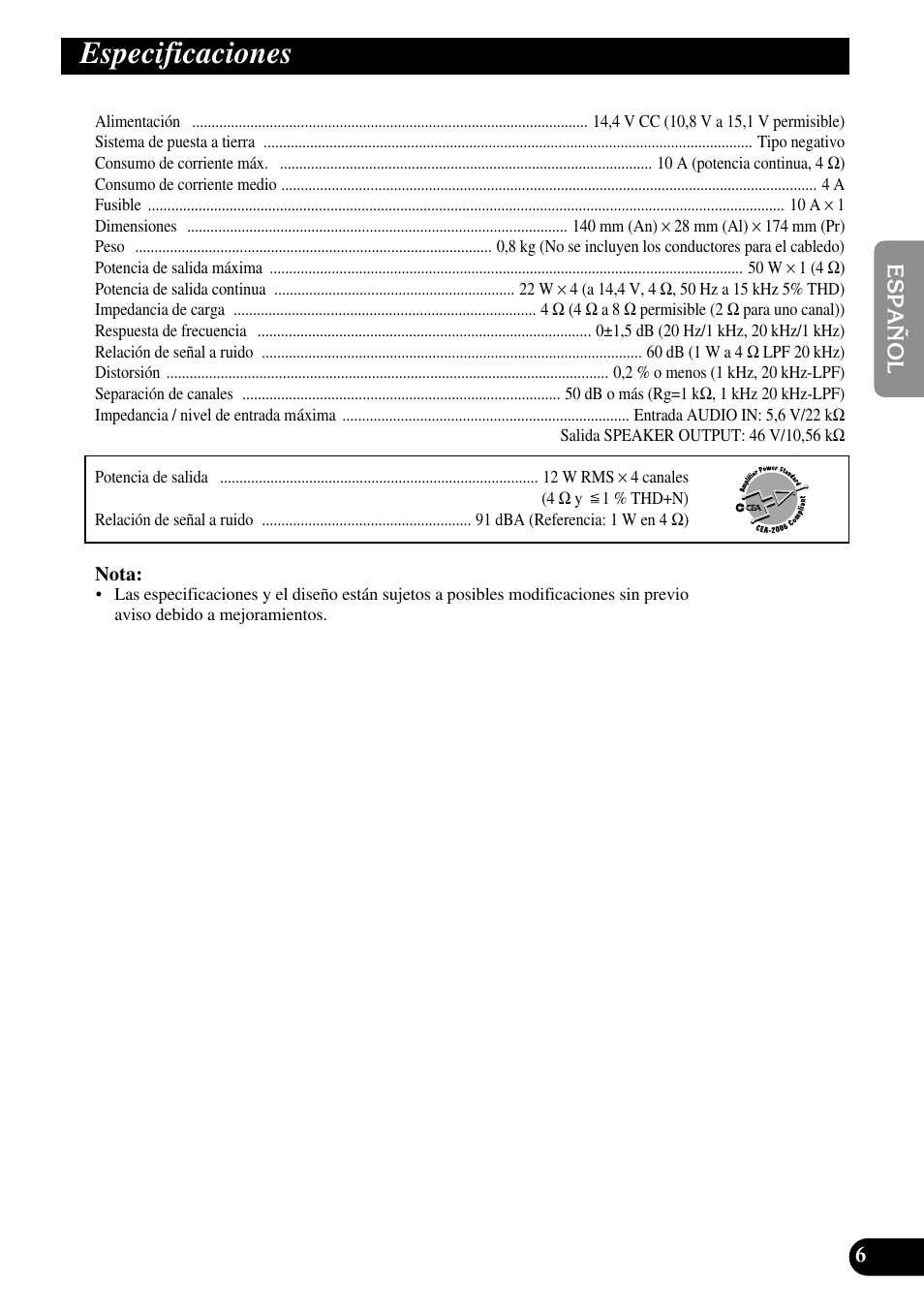 Especificaciones | Pioneer ND-G500 User Manual | Page 13 / 44