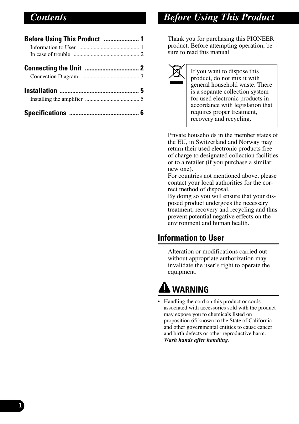 English, Contents before using this product, Information to user | Warning | Pioneer ND-G500 User Manual | Page 2 / 44
