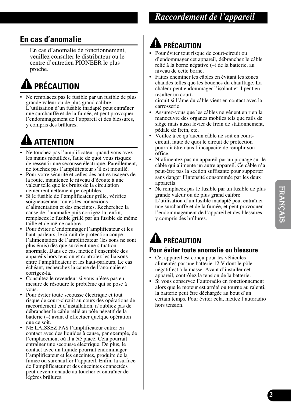 En cas d’anomalie, Raccordement de l’appareil, Précaution | Attention | Pioneer ND-G500 User Manual | Page 21 / 44
