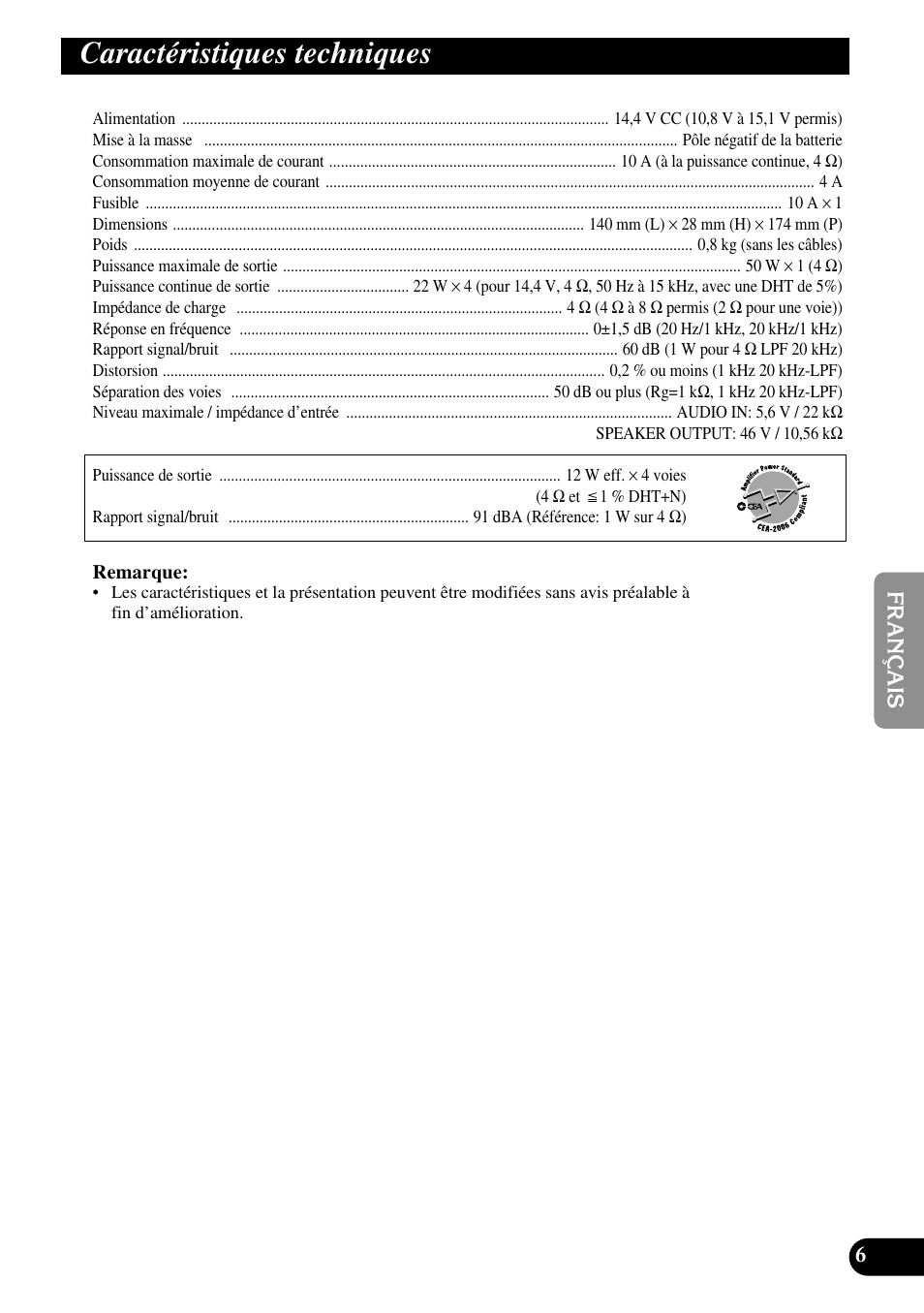 Caractéristiques techniques | Pioneer ND-G500 User Manual | Page 25 / 44