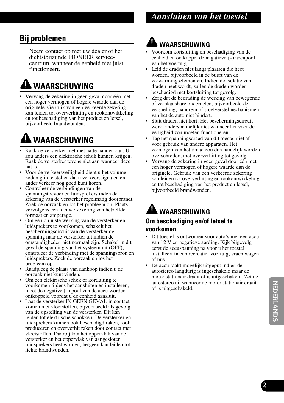 Bij problemen, Aansluiten van het toestel, Waarschuwing | Pioneer ND-G500 User Manual | Page 33 / 44