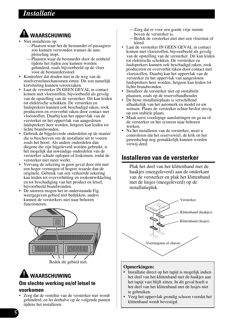 Installatie, Installeren van de versterker | Pioneer ND-G500 User Manual | Page 36 / 44