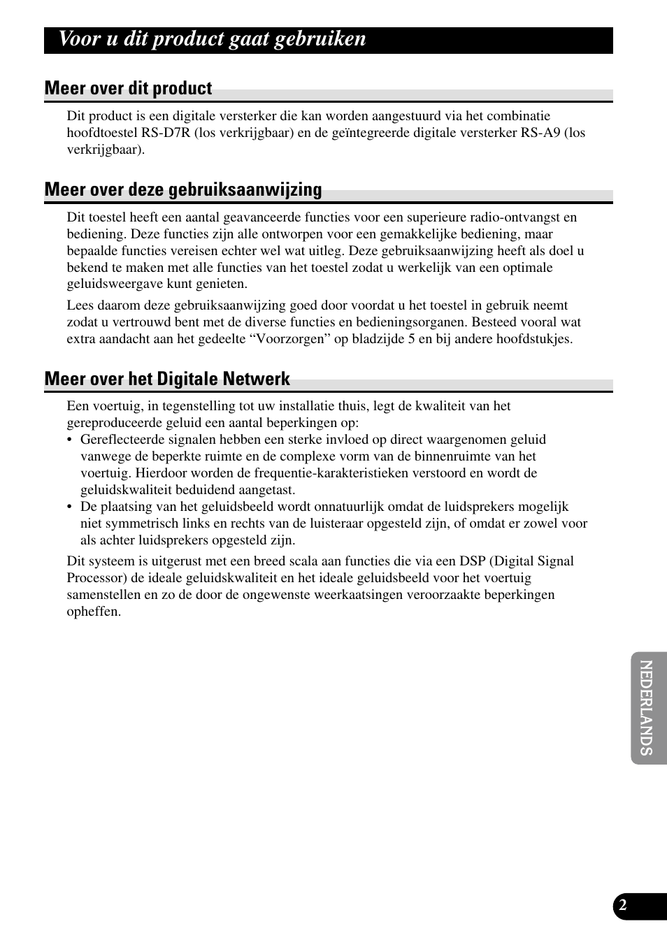 Voor u dit product gaat gebruiken, Meer over dit product, Meer over deze gebruiksaanwijzing | Meer over het digitale netwerk | Pioneer RS-A7 User Manual | Page 103 / 142