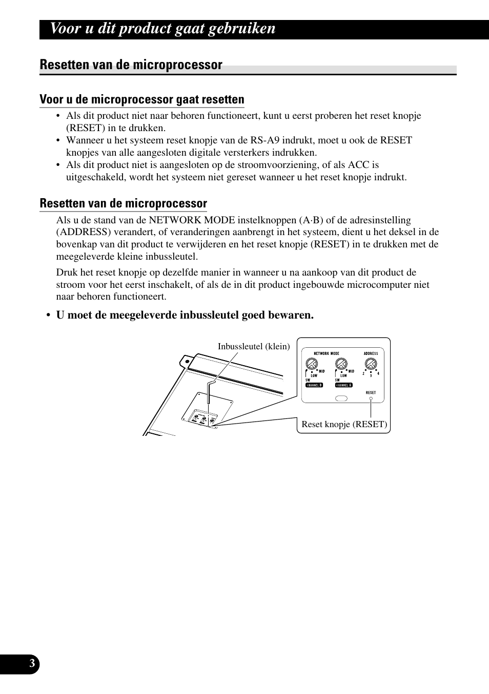 Resetten van de microprocessor, Voor u de microprocessor gaat resetten, Voor u dit product gaat gebruiken | Pioneer RS-A7 User Manual | Page 104 / 142