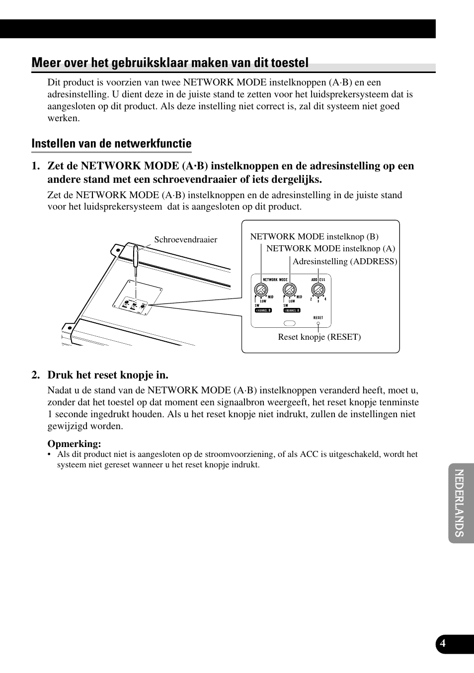 Meer over het gebruiksklaar maken, Van dit toestel, Instellen van de netwerkfunctie | Meer over het gebruiksklaar maken van dit toestel | Pioneer RS-A7 User Manual | Page 105 / 142