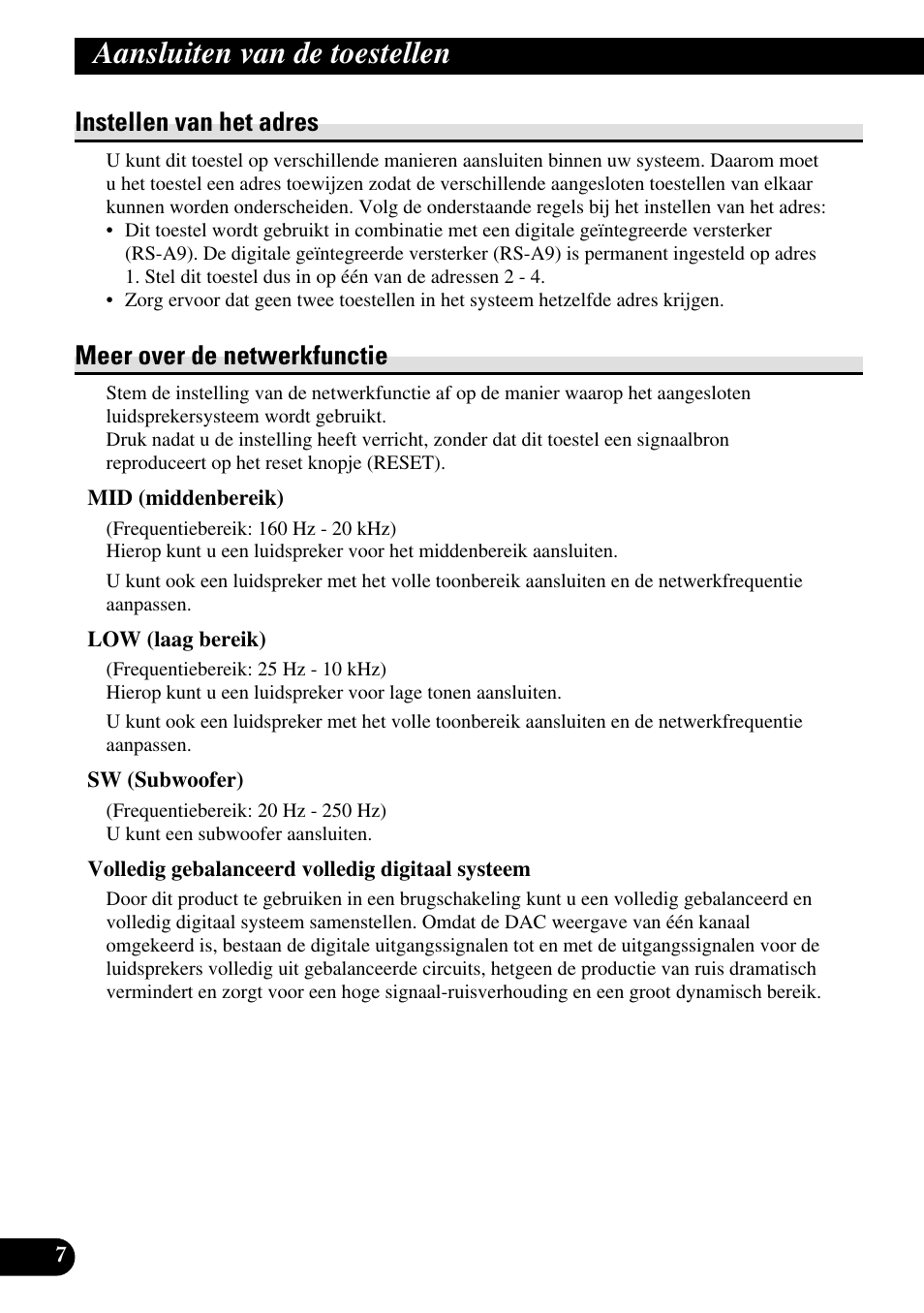 Aansluiten van de toestellen, Instellen van het adres, Meer over de netwerkfunctie | Pioneer RS-A7 User Manual | Page 108 / 142