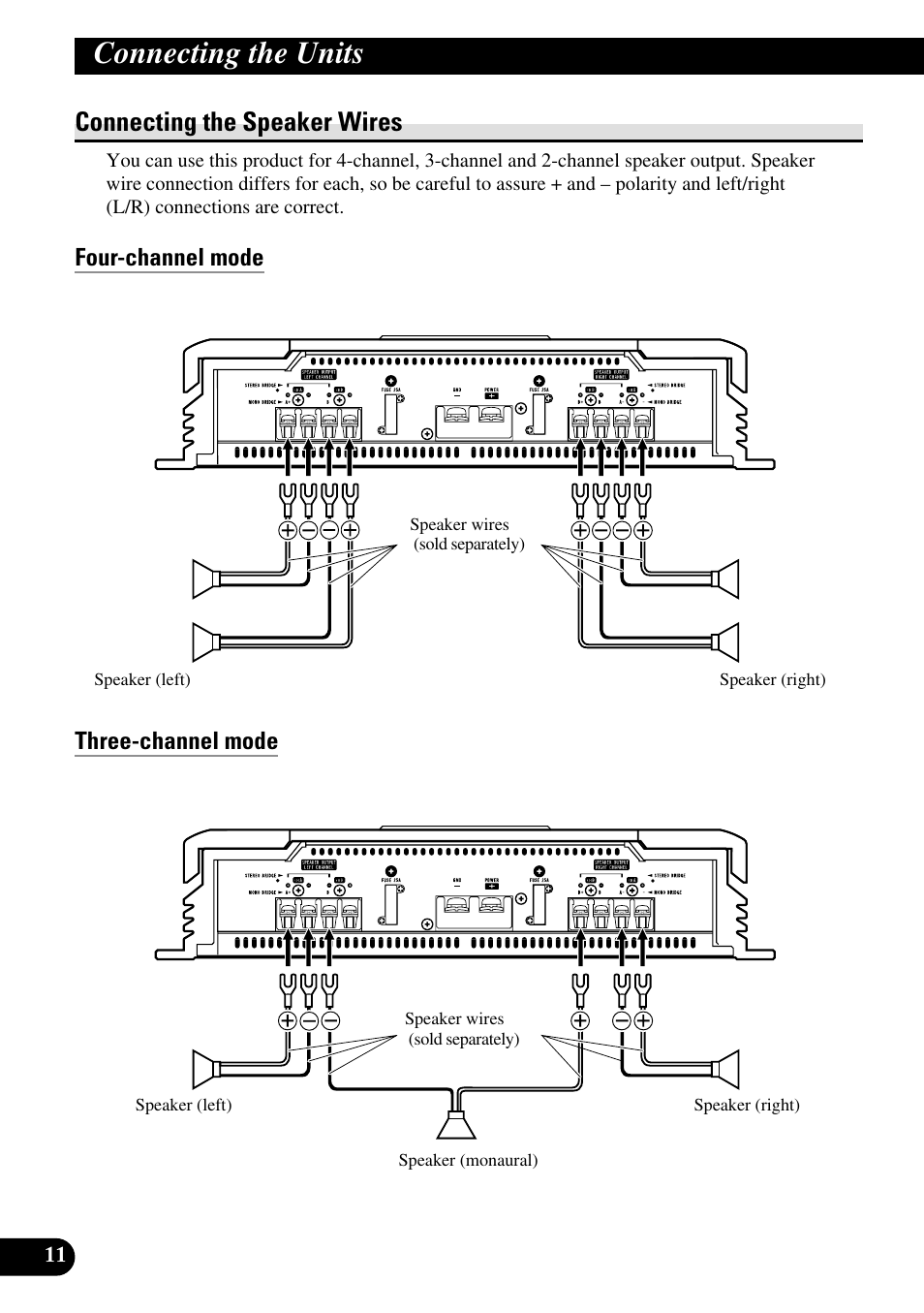 Connecting the speaker wires, Four-channel mode, Three-channel mode | Connecting the units, Four-channel mode three-channel mode | Pioneer RS-A7 User Manual | Page 12 / 142