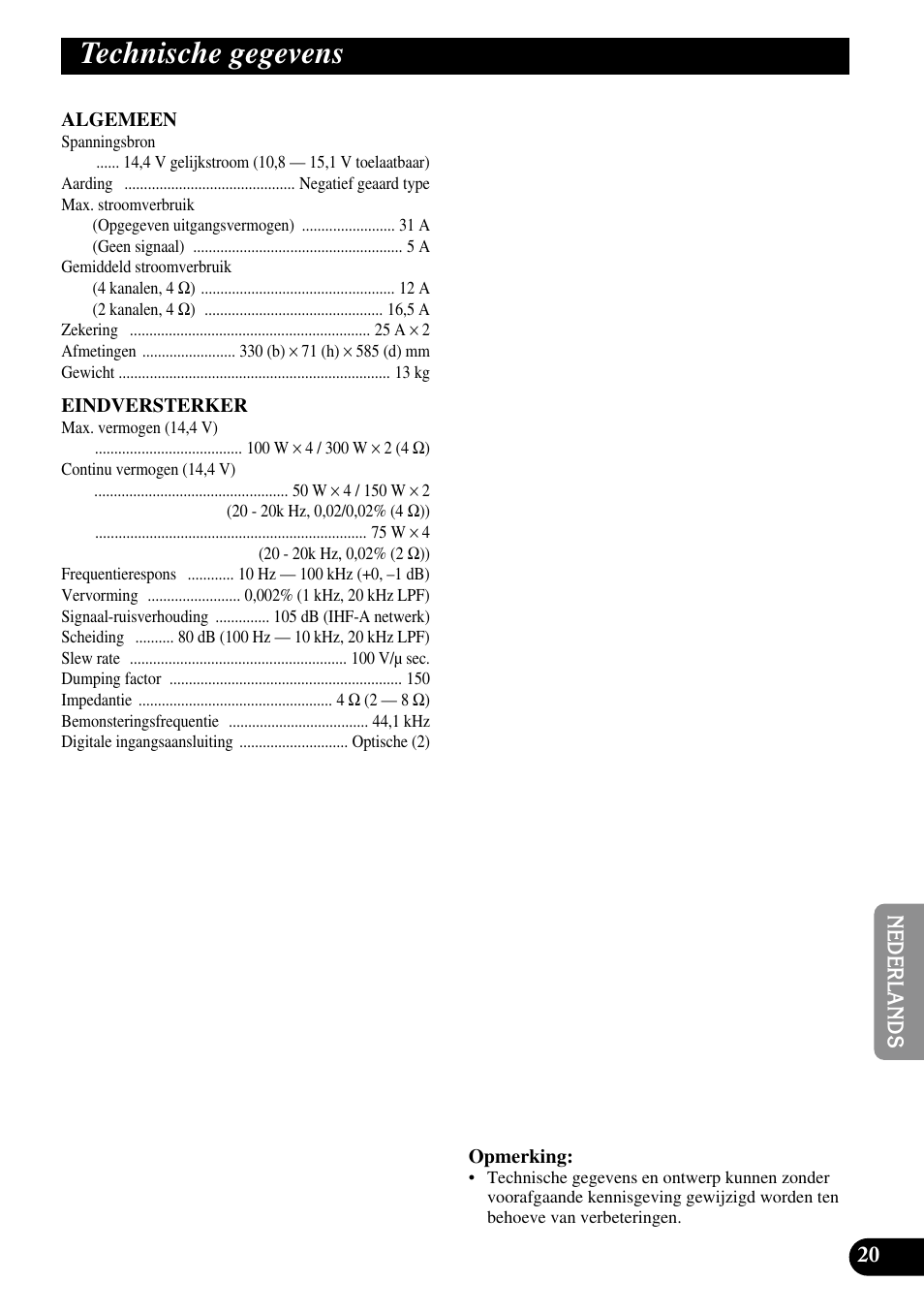 Technische gegevens | Pioneer RS-A7 User Manual | Page 121 / 142