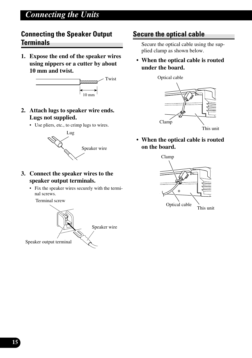Connecting the units, Connecting the speaker output terminals, Secure the optical cable | Pioneer RS-A7 User Manual | Page 16 / 142