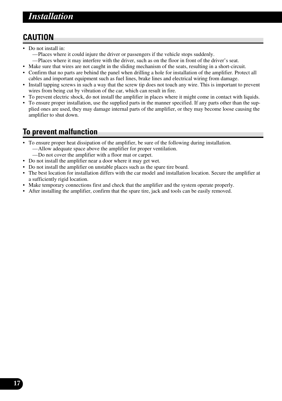 Installation, Caution to prevent malfunction, Caution | Pioneer RS-A7 User Manual | Page 18 / 142