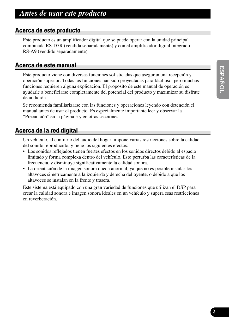 Antes de usar este producto, Acerca de este producto, Acerca de este manual | Acerca de la red digital | Pioneer RS-A7 User Manual | Page 23 / 142