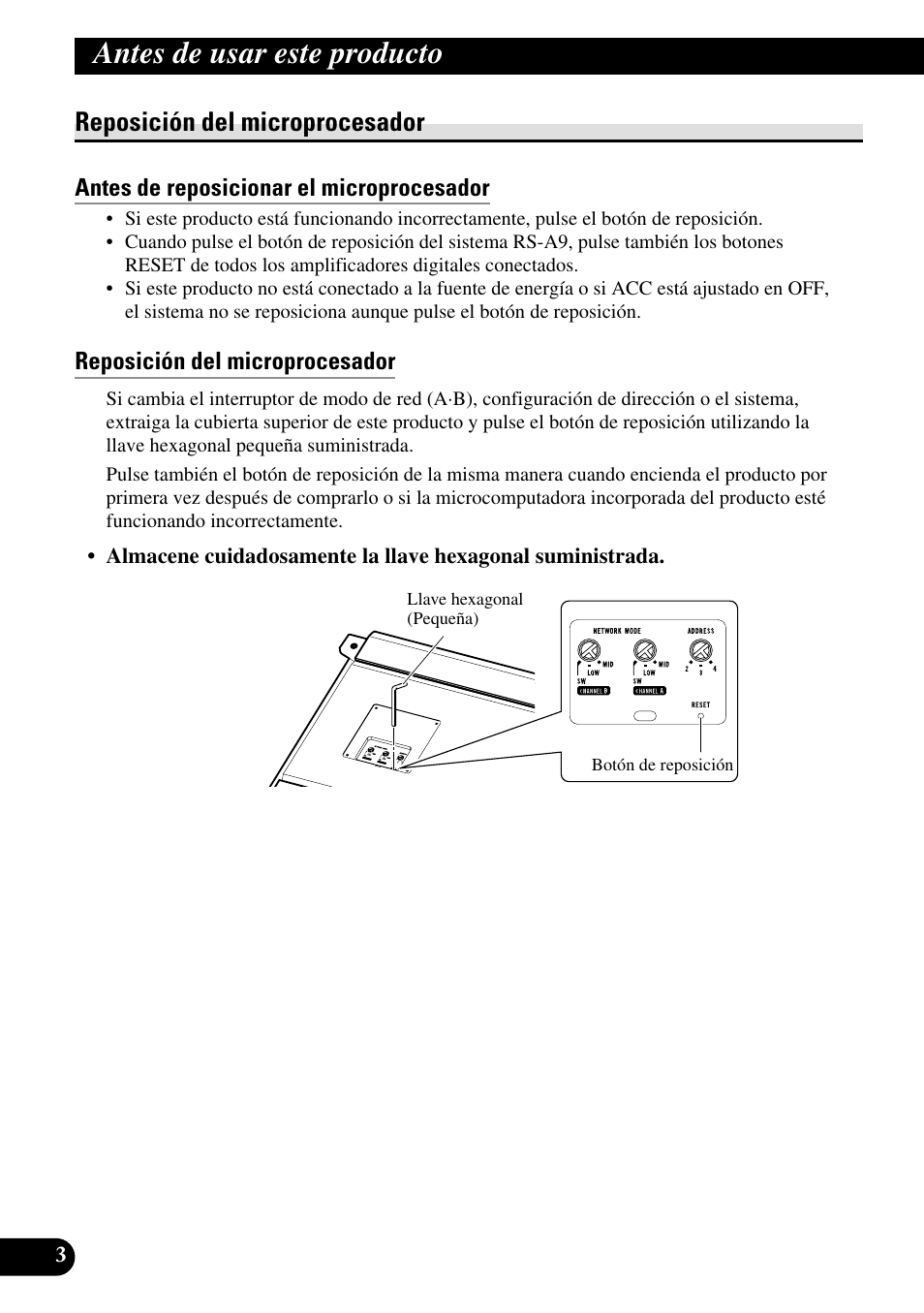 Reposición del microprocesador, Antes de reposicionar el microprocesador, Antes de usar este producto | Pioneer RS-A7 User Manual | Page 24 / 142